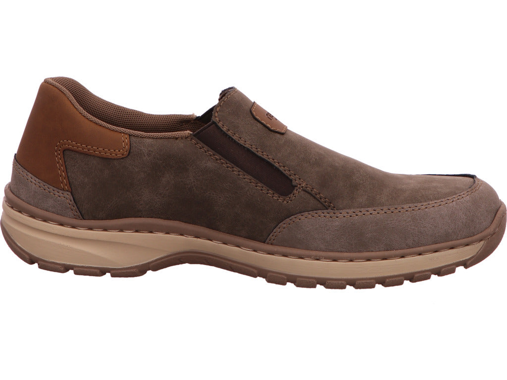 Rieker herenslippers in een combinatie van grijs en meerdere kleuren.