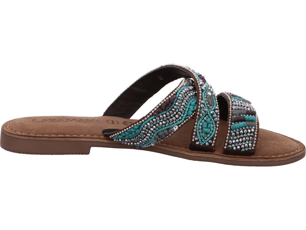 Lazamani Damen Pantolette in blau-bunt-kombiniert