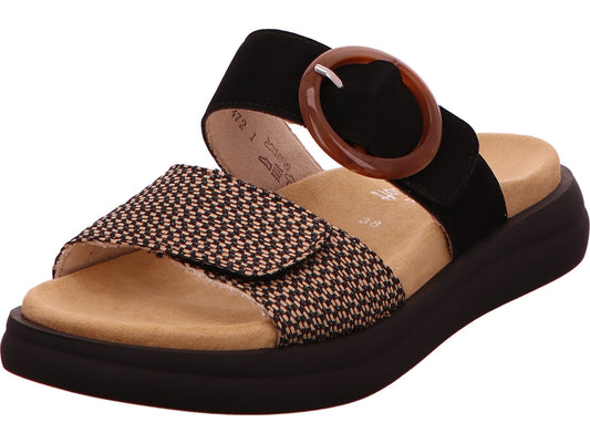 Remonte damesmuiltjes in een combinatie van zwart en meerdere kleuren.