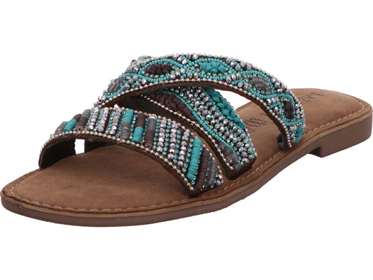 Lazamani Damen Pantolette  in blau-bunt-kombiniert