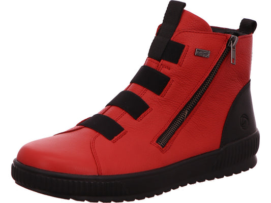 Remonte dameslaarzen in een combinatie van rood en meerdere kleuren.